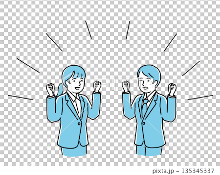 スーツの男女がガッツポーズで喜ぶベクターイラスト・目標達成・チームワーク・お祝い・応援•効果線 135345337