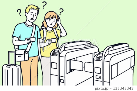 改札前で自動改札に戸惑う外国人旅行者のベクターイラスト 135345345