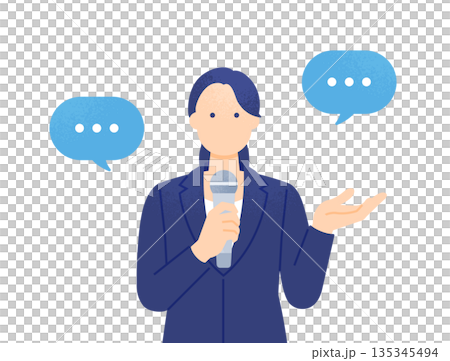 A woman holding a microphone. A vector illustration of a female announcer making comments in the news or an interview. 135345494