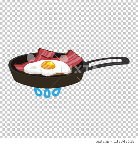 Illustration of bacon and eggs frying in a frying pan 135345519