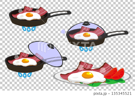 一組用煎鍋烹調的培根和雞蛋的插圖 一組用煎鍋烹調的培根和雞蛋的插圖 135345521