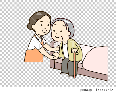 ベッドから立ち上がる高齢者と支える介護士 135345712