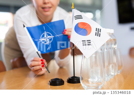 Preparing for business negotiations - woman sets small flags of countries of NATO (OTAN) and South Korea on table Preparing for business negotiations - woman sets small flags of countries of NATO (OTAN) and South Korea on table 135346018