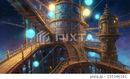 ゲーム背景　サイバーパンクワールドのビルの合間の風景俯瞰 135346161