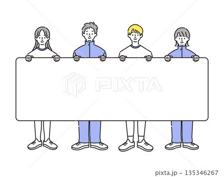 体操服とジャージを着て看板を持っている学生のイラスト 135346267