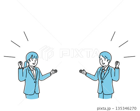 案内とガッツポーズをするスーツの男女ペア・ビジネス・目標達成・解決・ベクターイラスト 135346270