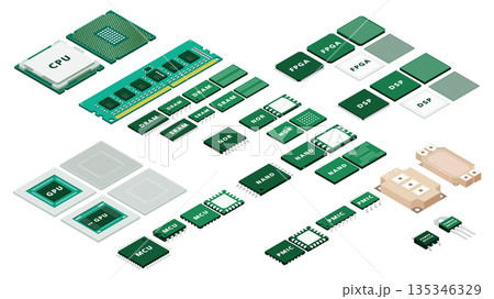 半導体の構造と役割を俯瞰で理解するアイソメ図解セット|CPU・GPU・メモリ・電源ICの関係性 半導体の構造と役割を俯瞰で理解するアイソメ図解セット|CPU・GPU・メモリ・電源ICの関係性 135346329