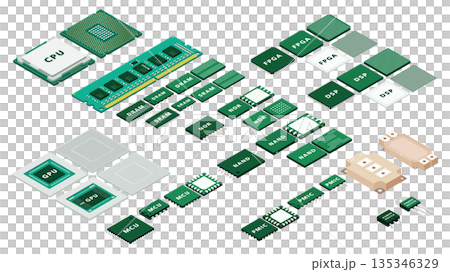半導体の構造と役割を俯瞰で理解するアイソメ図解セット|CPU・GPU・メモリ・電源ICの関係性 半導体の構造と役割を俯瞰で理解するアイソメ図解セット|CPU・GPU・メモリ・電源ICの関係性 135346329