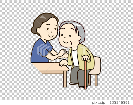 立ち上がる高齢者と支える看護師 135346591