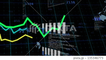 Displaying dashboard showing colorful line graphs with white bars on dark grid, with globe icons Displaying dashboard showing colorful line graphs with white bars on dark grid, with globe icons 135346773