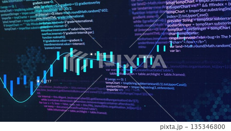 Displaying software dashboard showing cyan candlestick bars and flowing line graph over code grid Displaying software dashboard showing cyan candlestick bars and flowing line graph over code grid 135346800