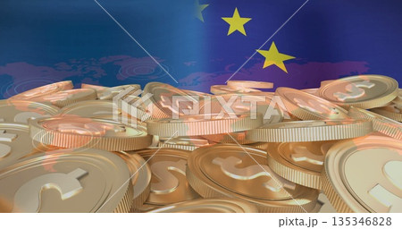 Shining dollar-sign coins stacking in illustration, with yellow EU stars and world map silhouette 135346828
