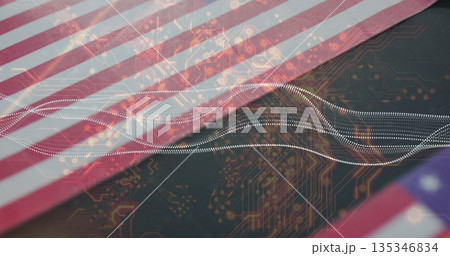 Displaying American flag featuring digital circuit pattern in composite, with dotted waveform lines Displaying American flag featuring digital circuit pattern in composite, with dotted waveform lines 135346834