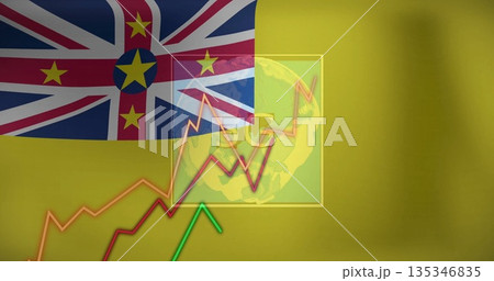 Displaying Niue flag motif overlaying infographic slide, with globe map and rising line graphs 135346835