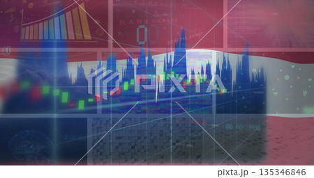 Displaying candlestick chart with line graph over red-white-red backdrop in virtual interface 135346846
