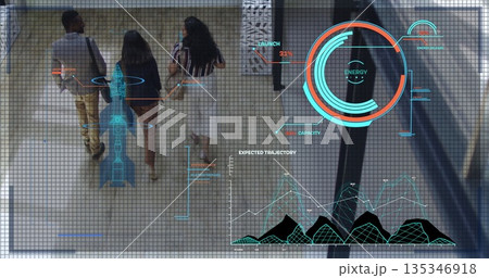 Walking professionals holding smartphone in glass corridor, with rocket and energy gauge overlays 135346918