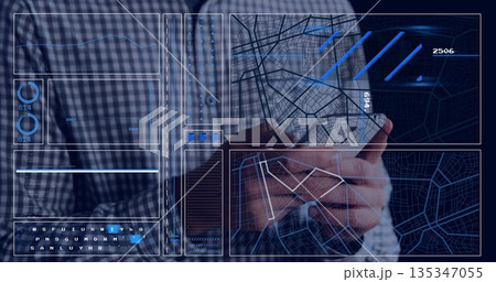 Interacting IT pro tapping smartphone at desk with map overlays, tracking route paths and data bars Interacting IT pro tapping smartphone at desk with map overlays, tracking route paths and data bars 135347055