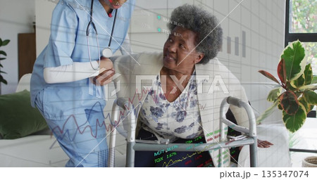 Supporting caregiver in scrubs guiding senior patient rising from green sofa at home, with walker 135347074