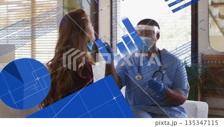 Healthcare professional wearing mask and gloves administering nasal swab at home on couch, charts 135347115
