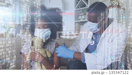 Child receiving vaccine injection from doctor on sofa in living room, with teddy bear and syringe Child receiving vaccine injection from doctor on sofa in living room, with teddy bear and syringe 135347122
