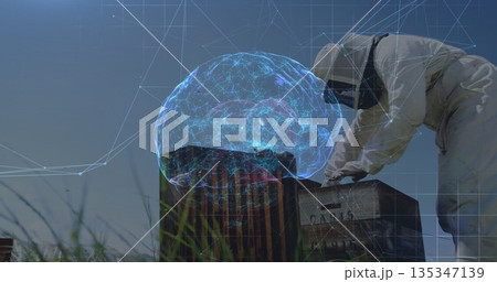 Inspecting male beekeeper lifting hive frames in grassy field, with brain hologram, copy space Inspecting male beekeeper lifting hive frames in grassy field, with brain hologram, copy space 135347139