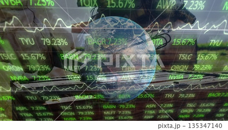 Spinning 3D Earth globe rotating in virtual financial data interface, with symbols and line charts Spinning 3D Earth globe rotating in virtual financial data interface, with symbols and line charts 135347140