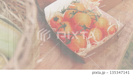 Showing cardboard box holding vine tomatoes on rustic wooden table, with straw packing, copy space Showing cardboard box holding vine tomatoes on rustic wooden table, with straw packing, copy space 135347141