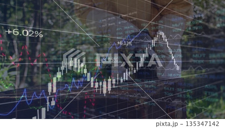 Displaying financial chart overlay tracking market at park, with candlestick bars and trend lines 135347142