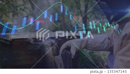 Beekeeper in gloves holding smoker, opening hive in forest clearing, with chart overlay, copy space 135347143