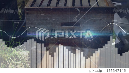 Displaying wooden slatted hive box showing analytics overlay on backyard grass, with sensor data Displaying wooden slatted hive box showing analytics overlay on backyard grass, with sensor data 135347146