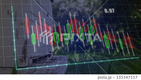 Displaying candlestick chart overlay floating in garden with green red bars, wood post, label 0 135347157