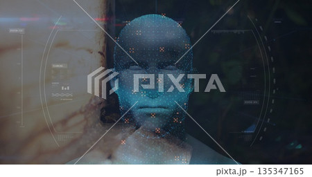 Displaying blue digital humanoid head bust scanning in virtual environment, with HUD biometric mesh Displaying blue digital humanoid head bust scanning in virtual environment, with HUD biometric mesh 135347165