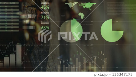 Displaying data dashboard overlay on digital interface, with pie and donut charts plus data table Displaying data dashboard overlay on digital interface, with pie and donut charts plus data table 135347173