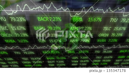 Displaying finance interface showing tickers with percentages and green line graphs in trading room 135347178