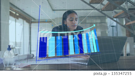 Indian engineer studying laptop and blueprints in home office, with pump bottle, digital bar chart Indian engineer studying laptop and blueprints in home office, with pump bottle, digital bar chart 135347255