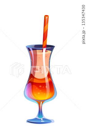 Cartoon icon of tall cocktail glass exotic mixed drink in vivid red, orange and golden layers and striped straw. Tropical drink or alcohol beverage icon. Vector fruity juice beverage for beach party 135347430