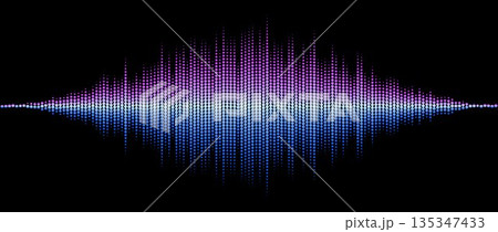 Neon blue purple abstract sound wave element. Dotted music equalizer shape design. Audio radio signal visualization concept. Shining digital voice assistant pattern. Song track sample player. Vector 135347433