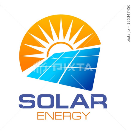 Solar energy technology icon with radiant sun rays, blue solar panel and professional typography. Abstract vector renewable power emblem featuring orange sunshine burst for electric industry Solar energy technology icon with radiant sun rays, blue solar panel and professional typography. Abstract vector renewable power emblem featuring orange sunshine burst for electric industry 135347450