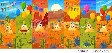 Cartoon nachos chips vector characters celebrate a Mexican holiday with balloons, fireworks and party hats. Funny musician, birthday guest, magician or party dancer nachos characters collage 135347469
