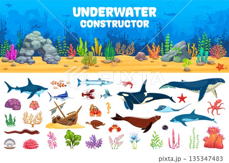 Underwater construction set with sea animals, fish and seaweeds, landscape details and sunken ship, shark, octopus and turtle, sea plants, coral reefs, rocks and marine creatures, vector constructor 135347483