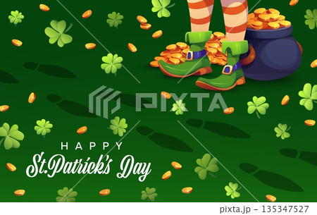Leprechaun footprints, festive St Patrick day greeting card, featuring leprechaun legs, pot of gold, clovers, golden coins and playful footsteps, capturing joyful and lucky spirit of Irish celebration 135347527