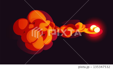 Cartoon magic red smoke effect. Fiery blast or spell with glowing cloud. Vector flame with burning energy, glow light and abstract dynamic rounded shapes on dark backdrop for fantasy or game animation Cartoon magic red smoke effect. Fiery blast or spell with glowing cloud. Vector flame with burning energy, glow light and abstract dynamic rounded shapes on dark backdrop for fantasy or game animation 135347532