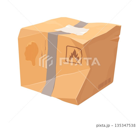 Crumpled damaged cargo delivery box with ripped edges and wrinkled surface. Broken parcel cardboard package sealed with gray tape, scratches and flammable sign. Delivery, shipping and logistics box 135347538