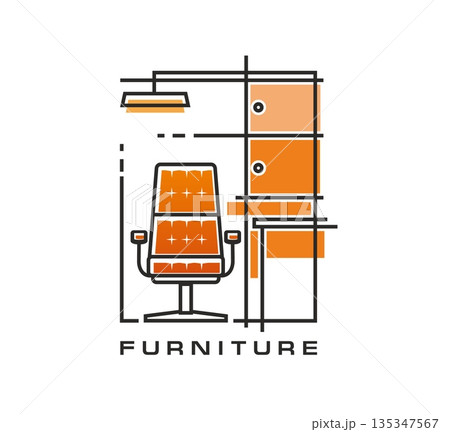 Home furniture and interior vector icon of swivel orange cushioned office chair with armrests and modular wall cabinet. Furniture store, interior decor shop icon. Modern cabinet workspace emblem 135347567