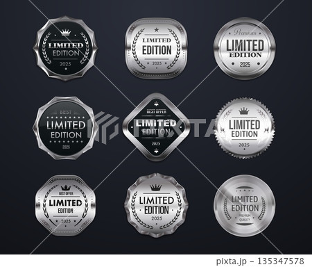 Limited edition silver seal vector labels and stamps with laurel wreaths, stars, luxury borders and royal crowns. Premium product packaging, certificate, luxury appearance labels, guaranteed stamps 135347578
