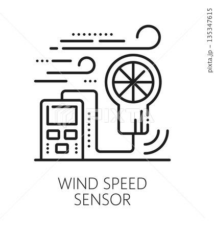 Wind speed detector smart sensor line icon. Wind speed measuring technology lineart icon, meteorology anemometer device linear vector symbol. Weather sensor outline pictogram or sign Wind speed detector smart sensor line icon. Wind speed measuring technology lineart icon, meteorology anemometer device linear vector symbol. Weather sensor outline pictogram or sign 135347615