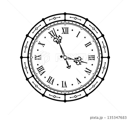 Vintage vector clock face with Roman numeral markers and intricate ornamental borders. Two decorated hands show the time with curled and floral tips. Antique design, craft tattoo, decorative clock Vintage vector clock face with Roman numeral markers and intricate ornamental borders. Two decorated hands show the time with curled and floral tips. Antique design, craft tattoo, decorative clock 135347683