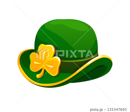 Cartoon green Leprechaun bowler hat with gold shamrock buckle. Vector festive cap, traditional headwear with golden clover emblem and a belt, symbolizing Irish culture and st Patrick day celebrations Cartoon green Leprechaun bowler hat with gold shamrock buckle. Vector festive cap, traditional headwear with golden clover emblem and a belt, symbolizing Irish culture and st Patrick day celebrations 135347693