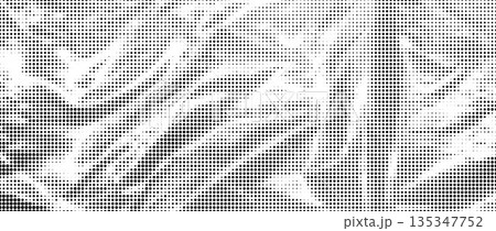 Halftone crumpled plastic texture. Old creased cellophane overlay. Dotted rough wrinkled film background. Aged crumpled surface in comic pop art style. Grainy cartoon gritty paper wallpaper. Vector 135347752