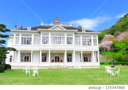 【鳥取県】晴天の仁風閣と満開の桜(宝隆院庭園) 【鳥取県】晴天の仁風閣と満開の桜(宝隆院庭園) 135347860